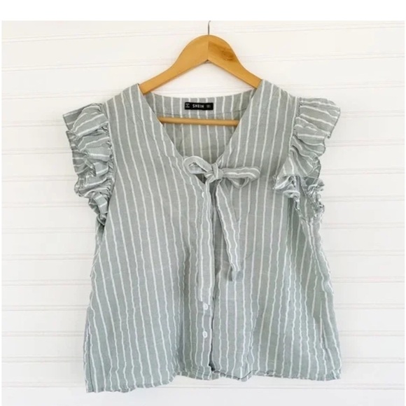 Shein Light Green White Striped Button Blouse Women’s Large - Picture 1 of 5
